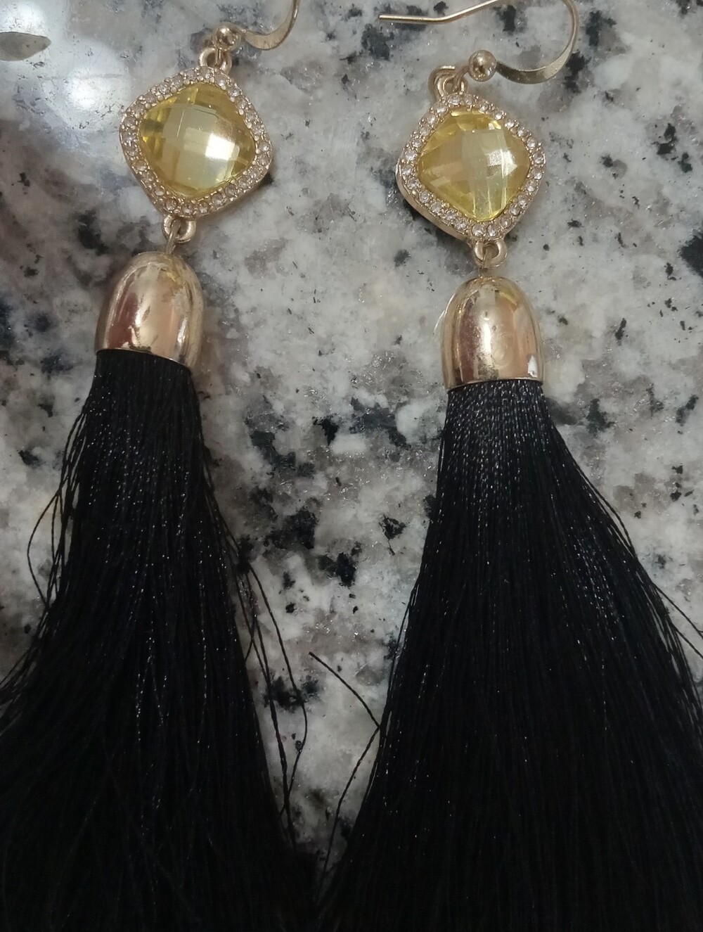 Gold-Tone Yellow Crystal & Black Tassel Earrings